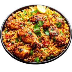Fototapeta premium Delicious biryani meal with spiced chicken and lemon, served on transparent background