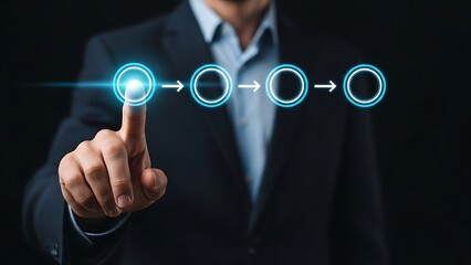 Man in suit touching glowing digital circle with arrows on dark background
