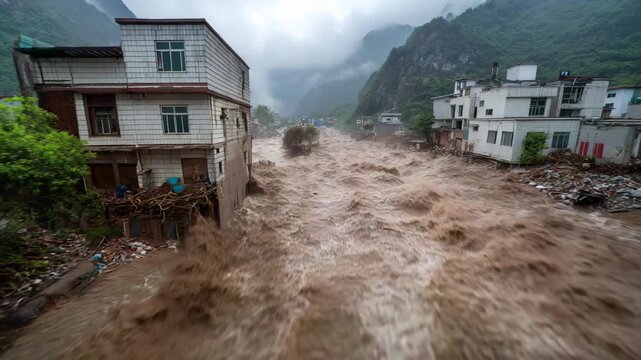 dramatic scene of a raging river in the rural countryside of China, with fast, scary waters rushing through the landscape, symbolizing the powerful and untamed force of nature.