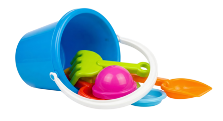 Brightly Colored Beach Toys Spilling From Blue Bucket