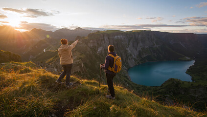 Obraz premium 日本人の登山者が夕方の光に染まる稜線から青い湖の源流を指さす
