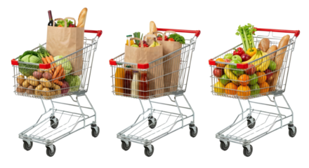 Three Full Shopping Carts Overflowing with Fresh Produce and Groceries