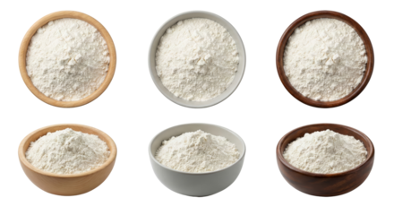 Six Bowls of White Flour Ingredients for Baking