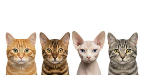 Four Diverse Cats Posing Together Studio Portrait White Background