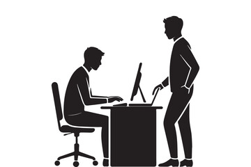 Fototapeta premium Silhouette of businessman at desk with computer while colleague stands nearby in minimalist office setting, black and white graphic