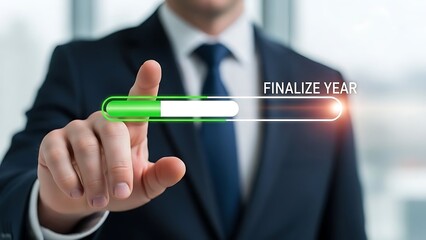 Man in suit touching a green progress bar labeled finalize year