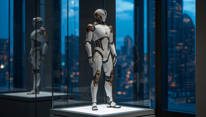 ショールームのガラス越しに夜景を背に人型ロボットが思索する夕刻