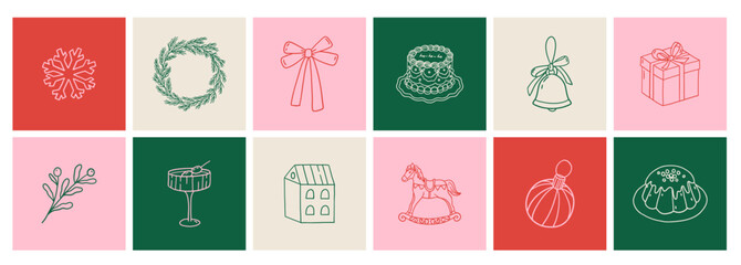 Set of square Christmas posters with hand-drawn holiday symbols in a vintage line style. Vector illustration for seasonal decor, greeting cards, and holiday branding.