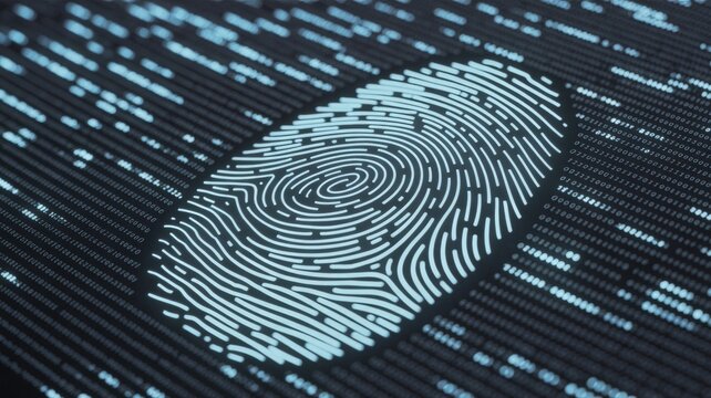 Digital fingerprint composed of binary code, representing data security and identity.