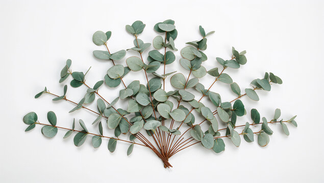 複数のユーカリの枝を扇状に並べた白背景のブーケ風フラットレイ写真