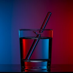 Optical illusion showing a rod appearing broken where it enters the clear liquid, demonstrating the bending of light, liquid, optics, water