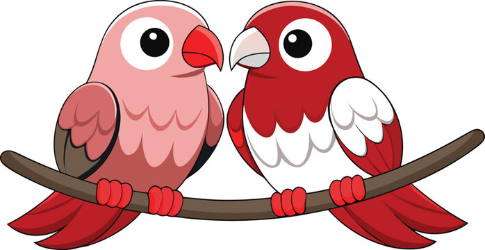 Pair of colorful cartoon parrots sitting on a branch, tropical bird illustration.