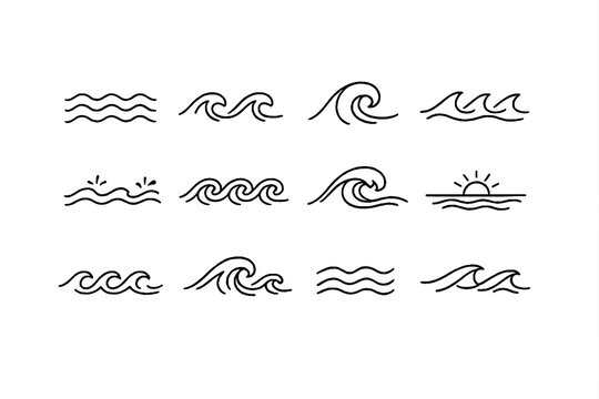 Ocean wave line icons set water sea surf nautical symbols minimal outline vector illustration nature marine collection isolated background