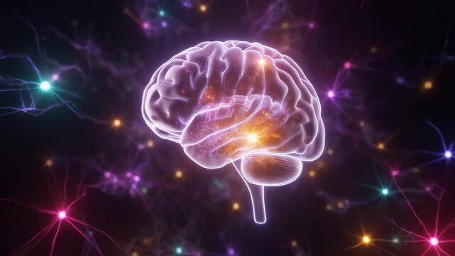 3D stylized animation of a glowing brain with vibrant neural networks and flowing electric p