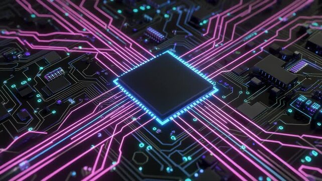 3D stylized animation of a chip integrated into a glowing circuit diagram. Smooth looping da 