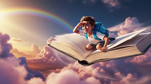 Joyful young boy with a backpack flying on a giant open book through a sunset sky filled with pink and orange clouds, symbolizing imagination and learning adventures