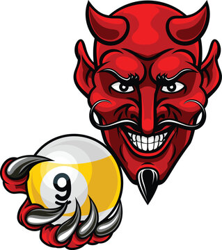 Devil nine ball pool billiards sports mascot holding a 9 ball cartoon illustration