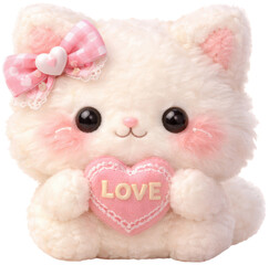 Cute Plush Kitten with Heart and Bow, Adorable Fluffy Charm