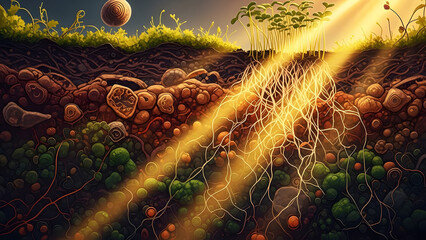 Sunlight penetrates deep into the rich soil, nurturing the vibrant Root Systems of Regenerative Agriculture Produce, illustrating a healthy ecosystem from an underground perspective.