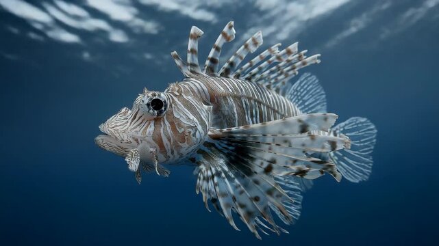 A striking lionfish swimming gracefully in the ocean, displaying its distinctive striped body and long flowing venomous fins