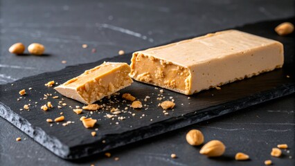 Nut candy is cut on a black tray with nuts scattered around it in a kitchen setting