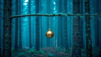 Hanging golden ornament on branch in misty forest during daytime in autumn season