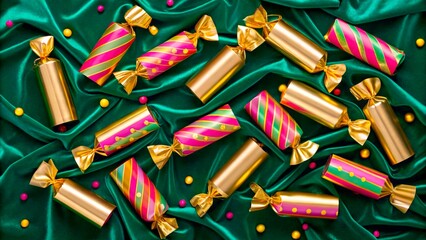 Colorful party favors on green fabric with small decorations laid out for celebration