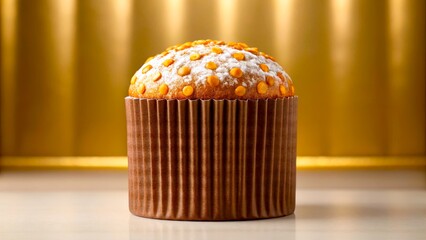 Fresh muffin with icing and orange sprinkles placed on a table against a golden background