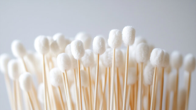 Closeup of white cotton swabs standing upright on a soft blurred background with soft lighting and minimalistic composition