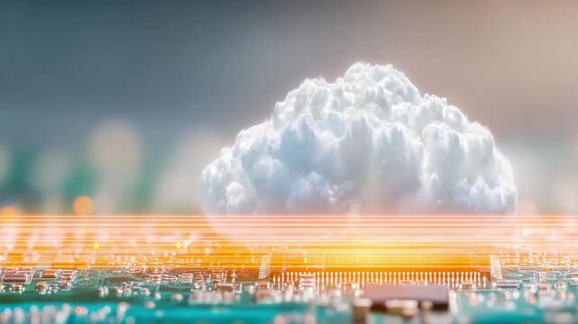 Cloud Computing and Digital Transformation: A luminous cloud hovers above a circuit board, symbolizing the convergence of cloud technology and digital transformation.