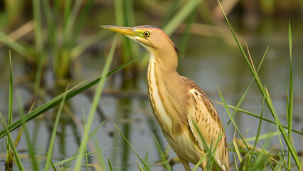 A small yellow bittern bird stands alert in tall green reeds near water showcasing its delicate plumage and long beak in a natural wetland habitat