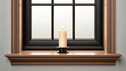 Candle placed on a windowsill with a view of a clear sky in a room
