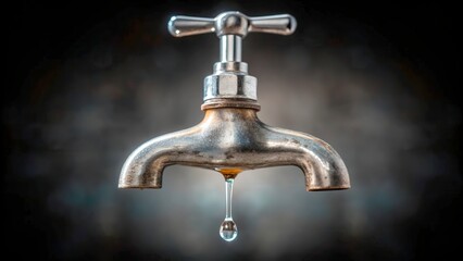 Water tap dripping in a kitchen setting with blurred background and focus on the faucet