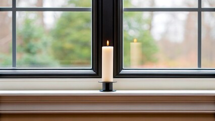 Candle burns on windowsill with trees visible outside during a cloudy day