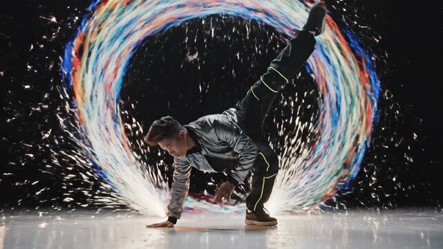 Dynamic breakdancer in motion with colorful light trails and water splash