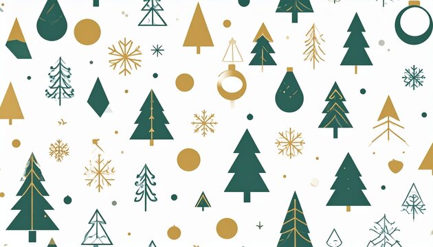 Festive Christmas Pattern - Trees, Ornaments, and Snowflakes on White Background.