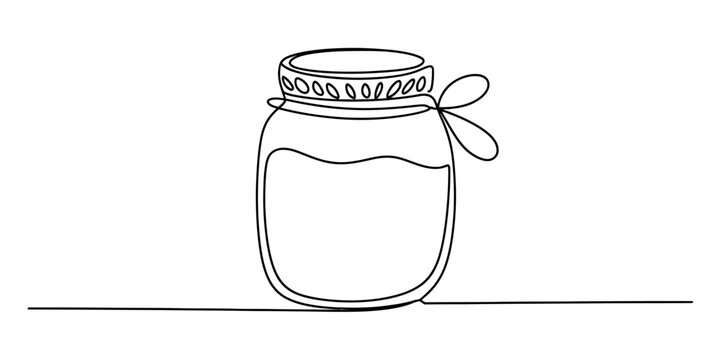 Continuous line drawing of a glass jar filled with liquid and tied with a ribbon bow on a white background Vector, illustration
