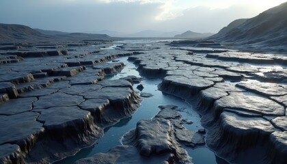 Cracked Mudflats with Reflective Water Channels Under a Dramatic Cloudy Sky Natural Landscape