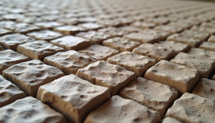 Close up of rough textured beige square tiles arranged in a grid pattern with shallow depth of field and natural lighting