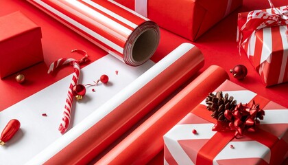 Festive Red Gift Wrapping Supplies - Presents, Paper, and Decorations for Celebrations.