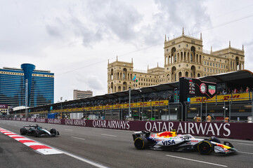 Naklejka premium BAKU, AZERBAIJAN - SEPTEMBER 21, 2025: RB VCARB 02 competes during the Formula 1 Azerbaijan Grand Prix at Baku City Circuit