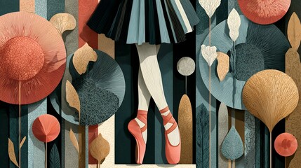 Flat modern illustration featuring ballet shoes, dancers in poses, abstract boho patterns with memphis textures, harmonious warm colors, minimalist but highly creative composition