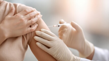 Healthcare, vaccine and needle on arm of person in hospital for covid, flu or immunization closeup, Doctor, hands and zoom on patient at a clinic for medical, consultation and vaccination injection