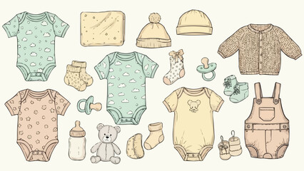 Collection of baby clothes and accessories for newborns.
