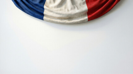 Detailed shot of a French flag draped over a white background, perfect for educational content or cultural presentations.