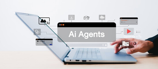 Business person using tablet with virtual AI agents interface overlay. Concept of artificial intelligence, automation, machine learning, chatbot, and digital transformation.