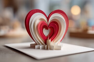 origami Valentine's pop-up card as 3D paper heart red and white colors, hand made card, 