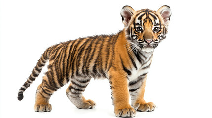Obraz premium Young Tiger Cub Standing on White Background with Detailed Fur Texture and Natural Lighting