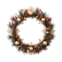Festive Christmas wreath with green pine branches, red ribbons, and ornaments isolated on a white background as a holiday celebration frame for the winter season and New Year