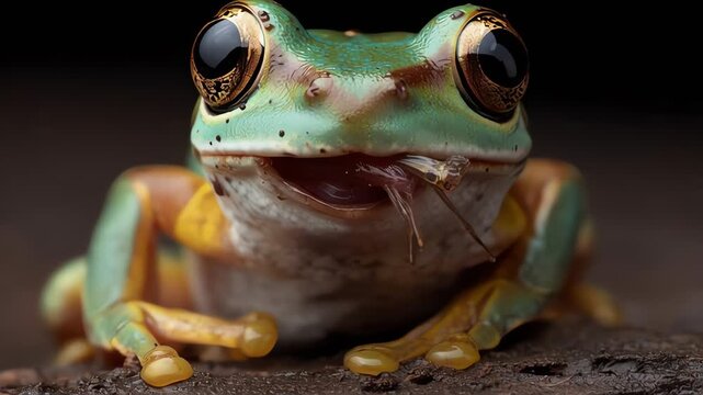 Whites Tree Frog catching insect with tongue macro